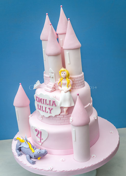 Birthday Princess castle cake with a purple dragon