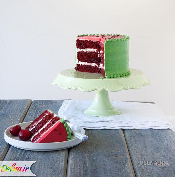کیک هندوانه, تزئین کیک به شکل هندوانه, پخت کیک هندوانه, پخت کیک هندوانه شب چله, شب یلدا, پخت شیرینی برای شب یلدا